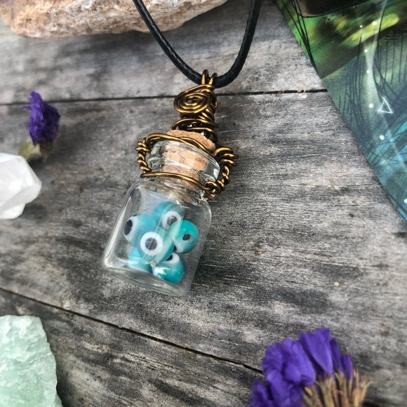Evil Eye Protection Bottle Necklace Wire Wrapped - in Vintage Bronze Wire - Picture 3 of 12